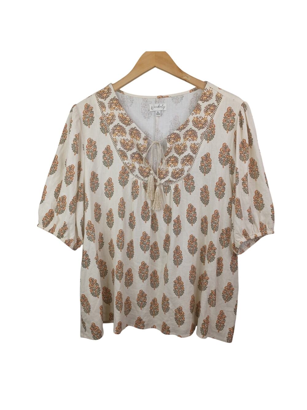 Wonderly Linen Blend‎ Cottagecore Puff Sleeve Boho Top Size XL Cream Floral NEW